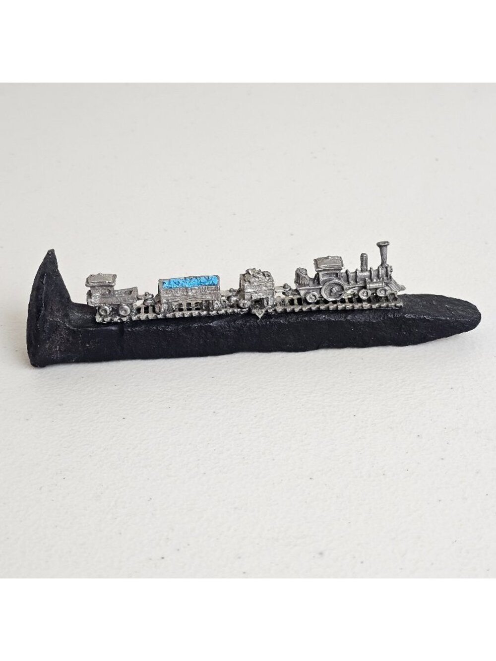 Vintage Railroad Spike Train Sculpture Pewter Mini Train Locomotive Ore Car Deco